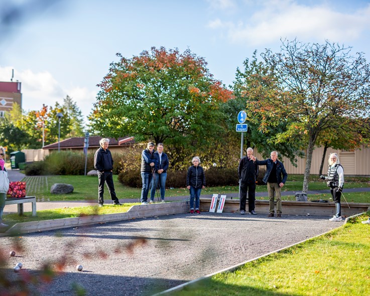 Ett gäng pensionärer samlade runt boulebanan